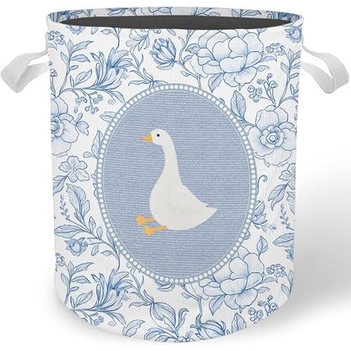 Chinoiserie Floral Goose Laundry Basket, Blue and White Flower Goose Laundry Basket Hamper Waterproof Collapsible Clothes Toys Storage Bin for Girls Nursery Bedroom Bathroom Home