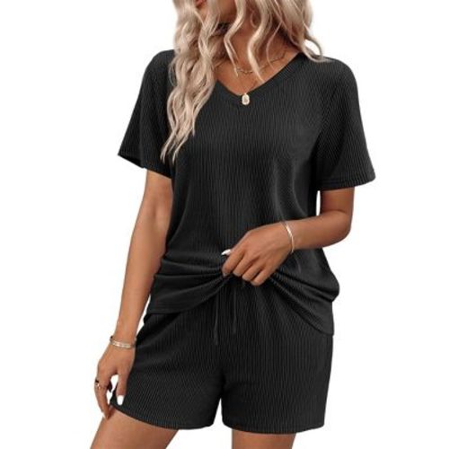 Ekouaer Womens Pajama Sets Short Sleeve Knit Lounge Set 2 Piece Pj Sets for Women V Neck Casual Loungewear Black M