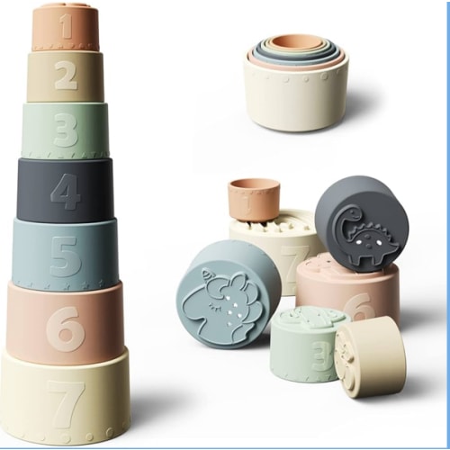 Moonkie Stacking Cups Toy, Fun Educational Baby Toys Silicone Soft Teething Toy, Age 6+ Months, 7 Piece Set