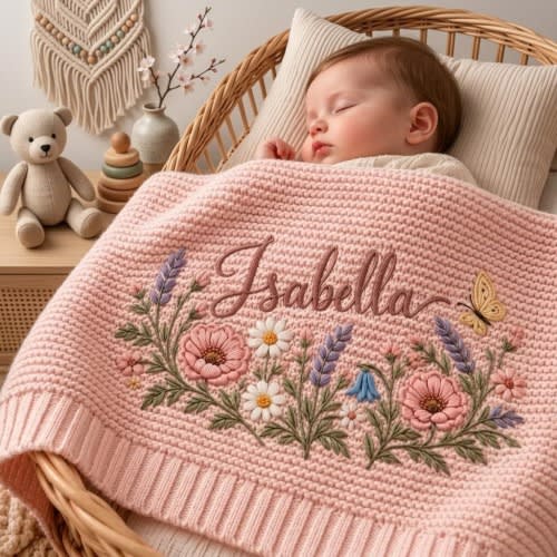 Personalized Knit Wildflower Garden Baby Blanket, Custom Embroidered Butterfly Baby Shower Gift, Welcome Baby Blanket, Keepsake Newborn
