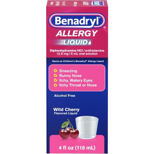 Benadryl Allergy Medicine, Liquid Diphenhydramine HCl Antihistamines for Adults, Alcohol-Free, Hay Fever Allergy Relief for Sneezing, Runny Nose, Itchy & Watery Eyes, Wild Cherry 4 fl oz