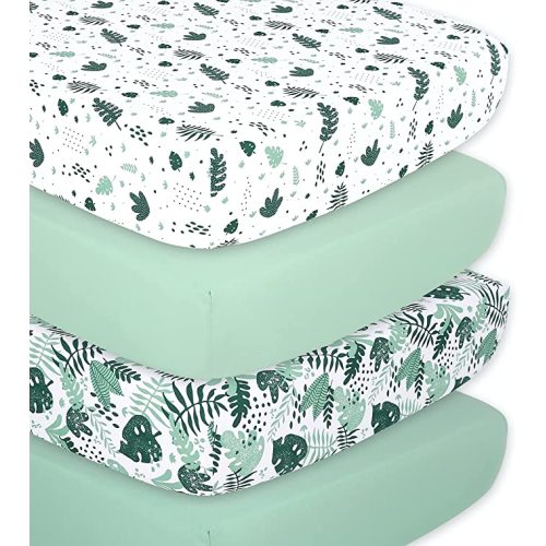 The Peanutshell Botanical Fitted Crib Sheet Set for Baby Boys or Girls, Unisex 4 Pack, Botanical Leaf & Pastel Green