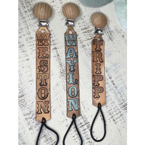 Leather Pacifier Clip | Personalized Name Baby Gift | Custom Engraved Binky Clip