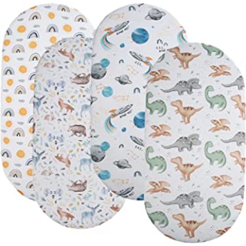 Bassinet Sheet Set 4 Pack Snug Fitted Cradle Fitted Sheets, Stretchy Ultra Soft, for Oval Rectangle Hourglass Bassinet Mattress, Unisex Boy Girl, Sun/Forest Deer/Space/Dinosaur