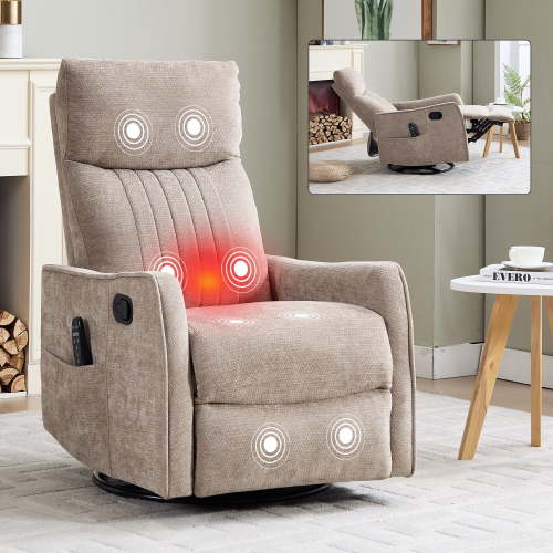 Leumius Manual Swivel Rocker Recliner Chair for Adults,Overstuffed Reclining Glider Chair with Vibration Massage & Heat,Upholstered Recliners with Side Pockets for Living Room,Khaki Chenille