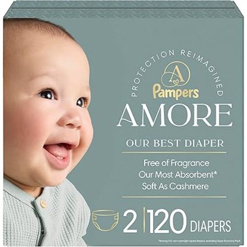 Pampers Amore, Size 2 (10-22 lbs), 120 Count, Our Best Diaper – Hypoallergenic & Fragrance Free, Up to 100% Leakproof, Soft as Cashmere