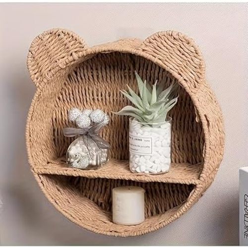 Bear Rattan Wall Shelf, Handwoven Wicker Nursery Shelf for Wall, Wall-Mounted Floating Display Shelf Organizer for Small Books, Toys & Decor