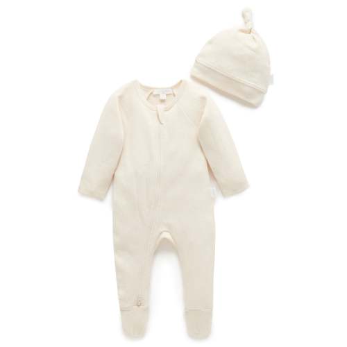 Beige Pointelle Growsuit & Hat Pack - Baby Growsuits - Purebaby - Purebaby