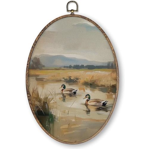 Qskjre Vintage Mallard Duck Wall Art Decor, Duck Hunting Oval Wood Framed Canvas Wall Artwork, Rustic Cottage Core Farm Animal Hanging Prints for Nursery Living Room Bedroom Decorations, 8.6x11.4inch