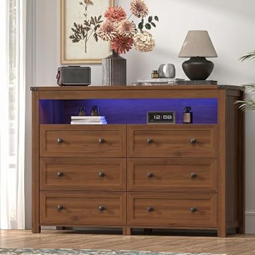 Xixini Dresser for Bedroom with 6 Drawers, LED Lights, Power Outlet, Walnut