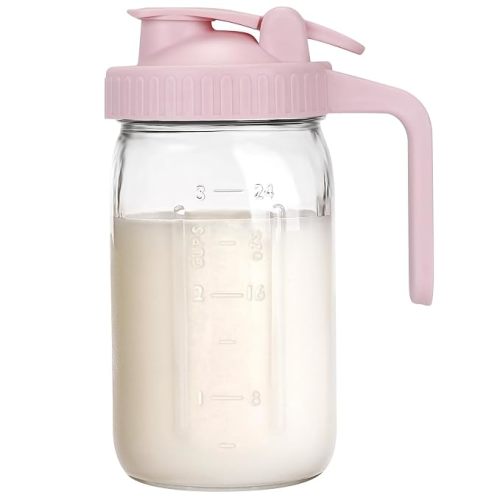 Accmor Breast Milk Pitcher, 32oz Glass Pitcher for Breastmilk, Milk Pitcher Jar with Dual Leak-Proof Design, Storage Container for Breastmilk, Juice, Cold Brew Coffee, Iced Tea, Drinks, Pink