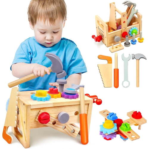 WQFSTORE, Kids Tool Set, Multicolor, 29 pcs Wooden Toddler Workbench