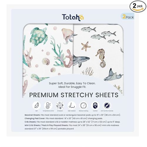 TotAha Crib Sheets for Boys Girls, Premium Soft Crib Mattress Fitted Sheet, Super Stretchy Jersey Knit Baby Sheets, Silky Comfort Baby Bed Sheets 28x52x9 Extra Deep Pocket, 2 Pack (Sea Animal)