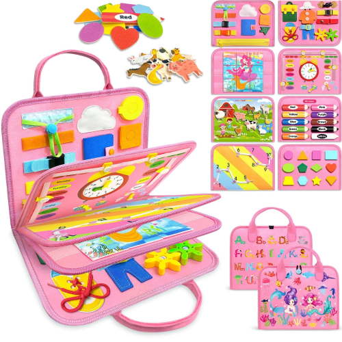 Busy Board Montessori Toys for Toddlers, Busy Book Sensory Toys for Boys Girls Birthday Gifts, Learning Educational Travel Activities, Pink