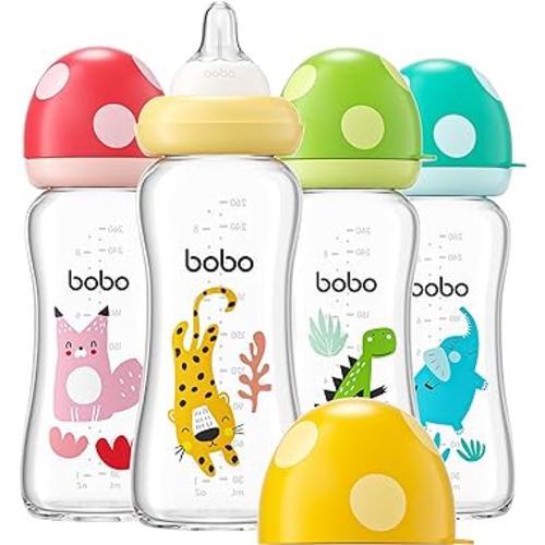 YOHKOH Natural Glass Baby Bottle with Level 2 Medium Flow Nipple, Newborn Anti-Colic Baby Bottles, Wide Neck Mushroom Baby Glass Bottle (8.8ounce (Pack of 4), Multicolour2)