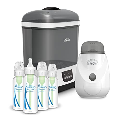 Dr. Brown’s Clean Steam Baby Bottle and Pacifier Sterilizer and Dryer, Insta-Feed Bottle Warmer and Anti-Colic Options+ Baby Bottles 8 oz, 0m+ Level 1 Nipple, 4 Pack