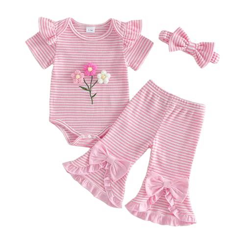 Newborn Girl Clothes Baby Girl Bell Bottom Outfit Flowers Romper Bow Flare Pants Striped Set Summer Clothes
