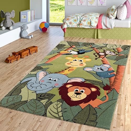 Paco Home Kids Rug for Nursery with Jungle Animals in Green, Size: 3'11" x 5'7"