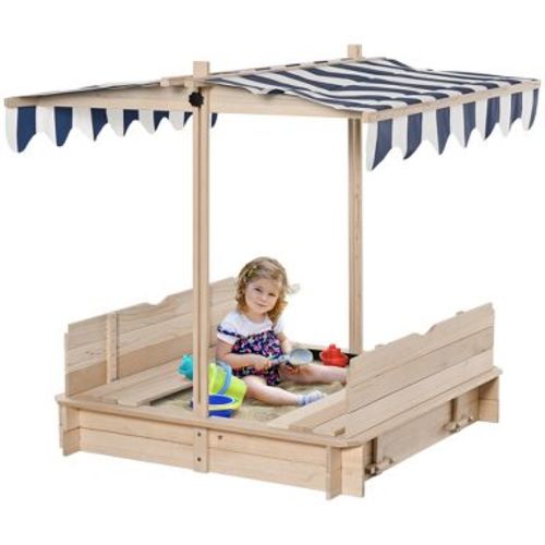Outsunny Covered Sandbox with Lid with Adjustable Canopy for Kids, Outdoor Play Equipment with Benches, Backyard Outdoor Activity Sensory Toy, Wood