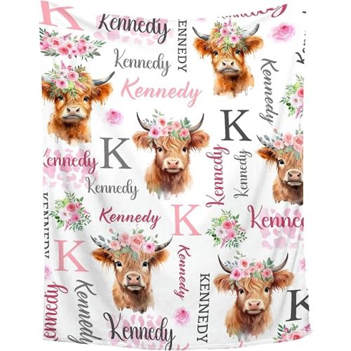 Personalized Baby Blanket for Girls Boys Highland Cow Custom Baby Blanket with Name Swaddle Blanket for Toddlers Infants Kids Shower Newborns Nursery Stroller Crib Decor Throw Birthday Gift