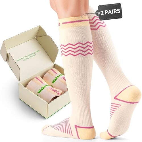 Pregnancy Compression Socks for Women, 15-20 mmHg Maternity Compression Stockings, 2 Pairs Anti-Slip Knee High Socks for Swelling, Circulation, Long Sitting, Standing & Travel