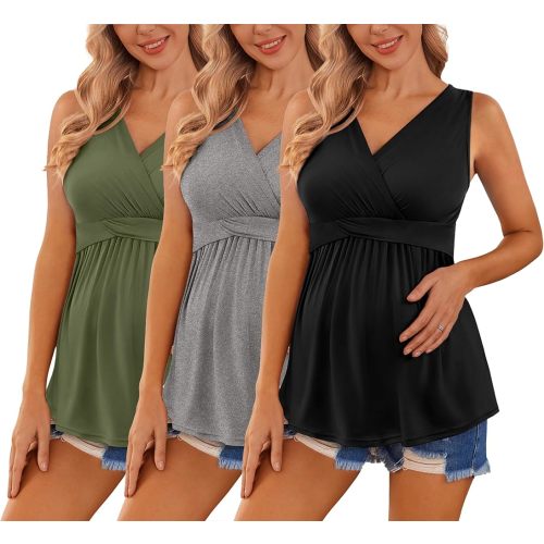 Ekouaer Women's Maternity Tank Tops 3 Packs Sleeveless Nursing Tops V Neck Breastfeeding Shirts Pregnancy Clothes