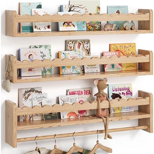 Seocry Nursery Book Shelves, Scalloped Shelves, Floating Book Shelves for Wall, Nursery Deocr for Baby, Toddler(Wood, 23 Inches)
