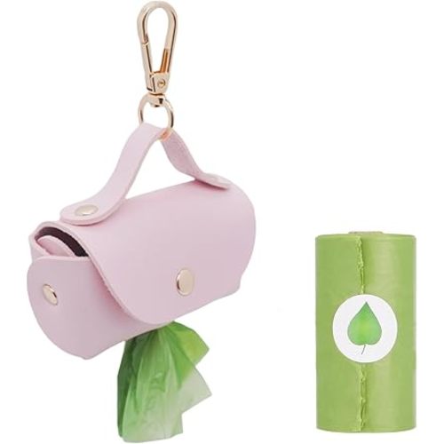 Leather Poop Bag Holder Dispenser for Leash, Portable and Reusable Dog Poop Dispenser, Dog Bag Holder for Walking, Outdoor, Travelling (Pink)