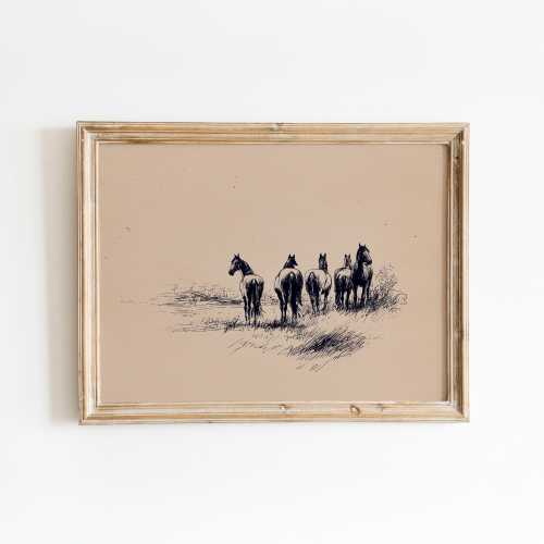 Vintage Horse Sketch Print | Wild Running Horses | Rustic Horse Wall Art | Minimalist Western Horse | Equestrian Poster | Horse Lover Gift