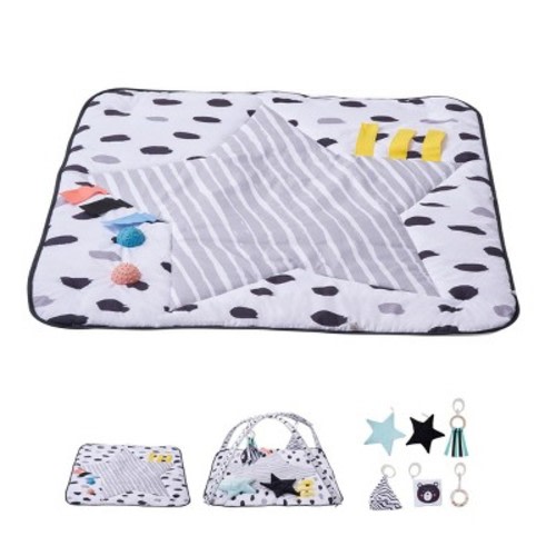 SEVOBAL Baby Playmats 34.4"x34.4" Tummy Time Activity Mat with 6 Sensory Toys and 2 Touch Balls for Infant Growth, Black White, 13.19"*5.51"*17.32"