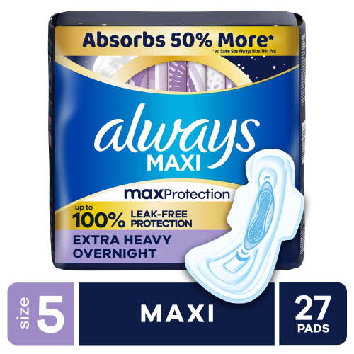 Always Maxi Pads with Wings, Size 5, Extra Heavy Overnight Absorbency, 27 CT HSA/FSA Eligible