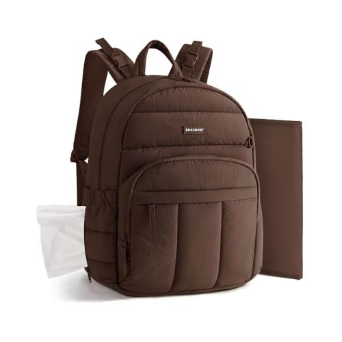 BAGSMART Diaper Bag Backpack, Multi-Pocket Puffy Diaper Bag with Waterproof Changing Pad, Lightweight Stroller-Friendly Diaper Bag with Insulated Pockets, Easy-Access Baby Essential, Coffee Brown