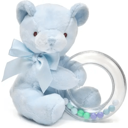 Bearington Collection Baby Polky Blue Plush Stuffed Animal Teddy Bear Shaker Toy Ring Rattle, 5" - Baby Boy Toys - Newborn Stuffed Animal