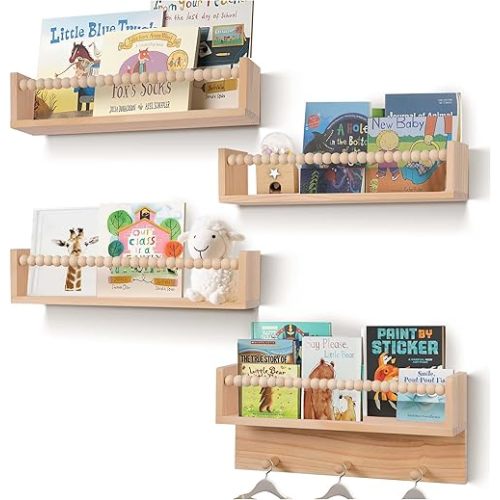 BOMID Wall Bookshelves,Set of 4 Natural Wood Floating Bookshelf,Nursery Shelves,Floating Book Shelves for Wall(Burlywood)