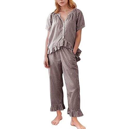 Flygo Womens Plaid 2 Piece Pajamas Sets Gingham Button Down Puff Sleeve Babydoll Shirt Ruffle Pants Y2K Pjs Lounge Set(Coffee-XL) at Amazon Women’s Clothing store