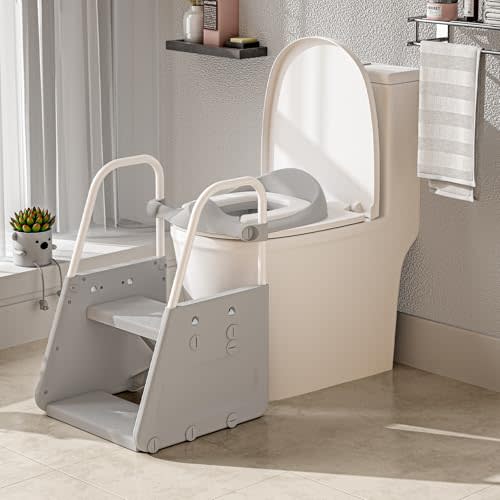 3 in 1 Potty Training Toilet Seat & Toddler Step Stool with Potty Train Chair Adapter and Extra Wide Non-Slip Ladder Potty Seats with Raised Guardrail and Splash Protection Design for Kids 1-3 Years