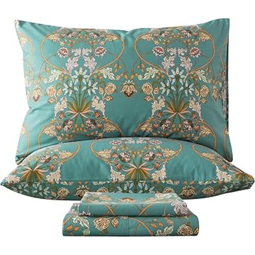Zusbest Floral Sheets King Bed Sheets Set Boho 100% Cotton Percale Shabby Vintage Teal Blue Orange American Style Bedding Luxury Soft Breathable Crisp Bed Deep Pocket Fitted Sheet 4 Piece