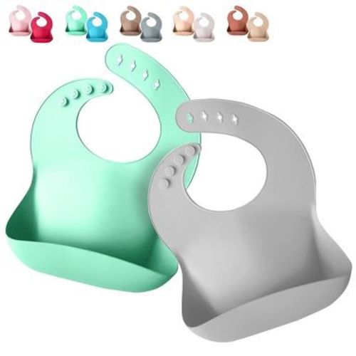 Sperric Silicone Baby Bibs - Soft Silicone Bib with Food Catcher, Waterproof Material - Adjustable Fit for Baby, Toddler (Light Blue & Cool Gray)