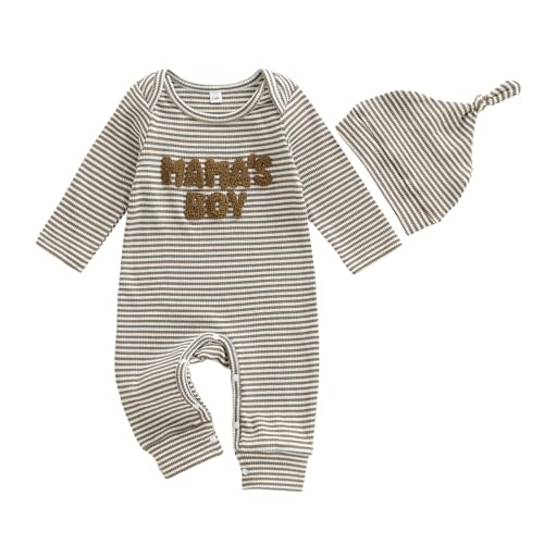 ZAXARRA Newborn Boy Stripe Romper Letter Embroidery Round Neck Jumpsuit with Hat