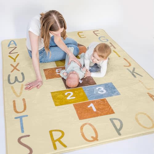 Kids Playroom & Classroom Rug | 4'7'' x 6'6'' Hopscotch Washable Rug for Kids | Playing Accessories for Toddlers | Large Alphabets & Numbers Carpet - Childrens Neutral Playing Room Decor