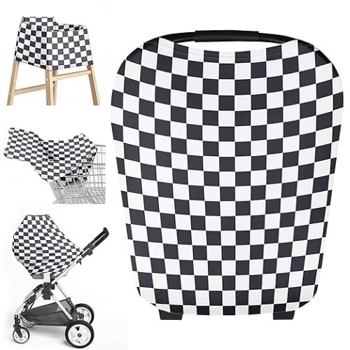 Little Jump Multi-use Baby Carseat Cover, Breathable Nursing Cover, High Stretchy Infant Carseat Canopy, Stroller Cover, Car Seat Covers for Bbies, Boys & Girls(Black Checkered)