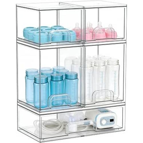 Baby Bottle Organizer, Stackable Storage Drawers Acrylic | Large capacity 5-piece set with non-slip pads. Great for baby bottles, pump parts, kitchen countertop, pantry, and vanity.