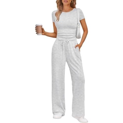 Trendy Queen 2 Piece Matching Summer Sweatsuit Lounge Set Womens Wide Leg Pants Side Ruching Crop Top Sets