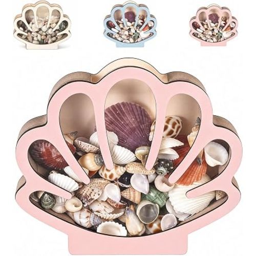 Seashell Display Box with Acrylic Window - Wooden Shell Shaped Holder Case for Seashells, Sea Glass, Shark Teeth, Small Starfish and Rocks, Beach Collection Keepsake Box for Home Decor (Pink)