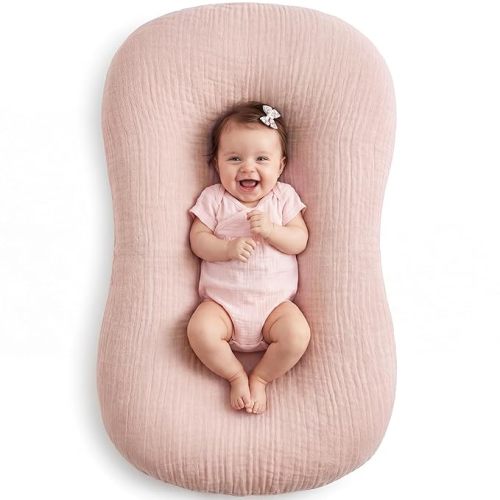 Muslin Baby Lounger Cover 1 Pack, Cotton Soft Breathable Infant Nest Slipcover, Envelope Closure, Compatible with Snuggle Me Loungers, Machine Washable, Cover Only, for Girls Boys(Pink)