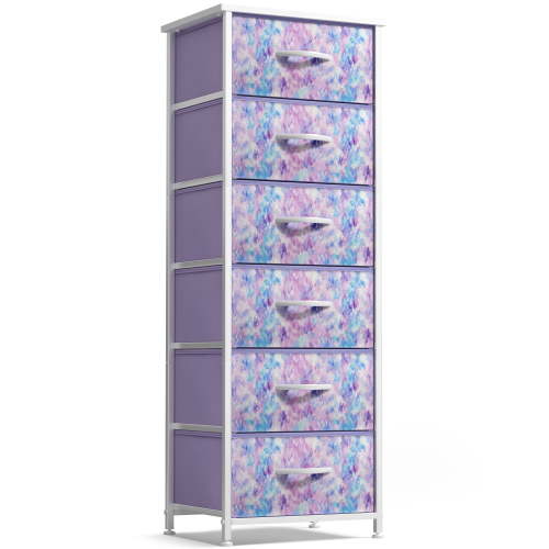Sorbus 6-Drawer Fabric Dresser for Kids - Tall Storage Tower, Closet Organizer with Steel Frame & Wood Handles for Nursery, Playroom & Bedroom, Tie-Dye Purple