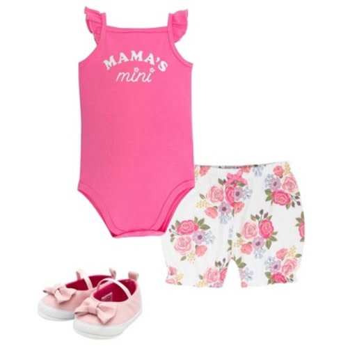 Hudson Baby Girl Cotton Bodysuit, Shorts and Shoe Set, Mama Floral, 6-9 Months