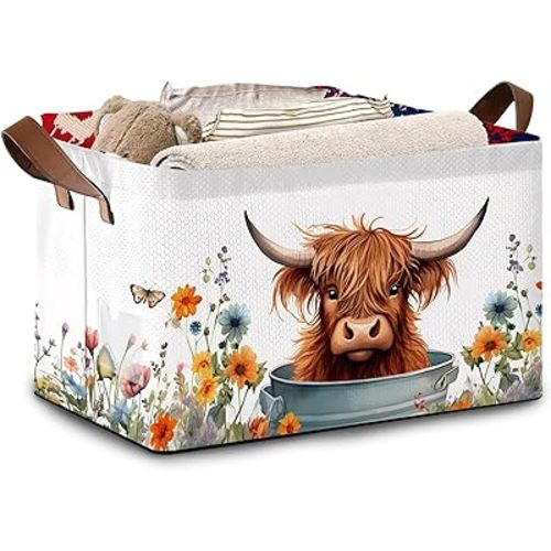 Farm Animal Storage Basket Large 17x11.5x10.5 Inche-Collapsible Fabric Organizer Bin with Handles for Nursery, Kids Room, Barnyard Theme-Decorative Hamper with Playful Cow Print Design-Single Pack