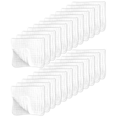 SWEET DOLPHIN 24 Pack Muslin Burp Cloths Large 100% Cotton Hand Washcloths for Baby - Baby Essentials Extra Absorbent and Soft Boys & Girls Milk Spit Up Rags for Newborn Registry - White, 20" X10"