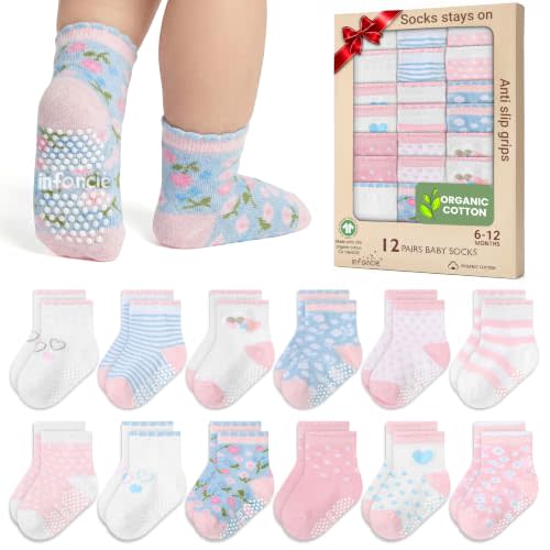 GOTS Organic Cotton Blend 12 Baby Girl Socks Newborn 6-12 M Non Slip Gift | Oeko-Tex Certified, Baby Socks, 12 Pairs, Socks For Baby Girl, Pink, 6-12 Months, Ultra-soft knit is gentle on newborn skin